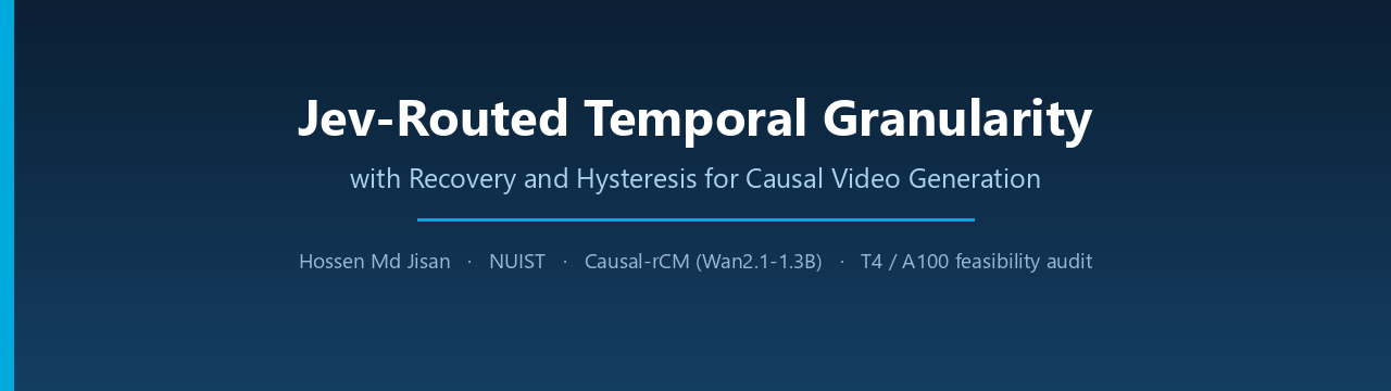 Jev-Routed Temporal Granularity with Recovery and Hysteresis for Causal Video Generation